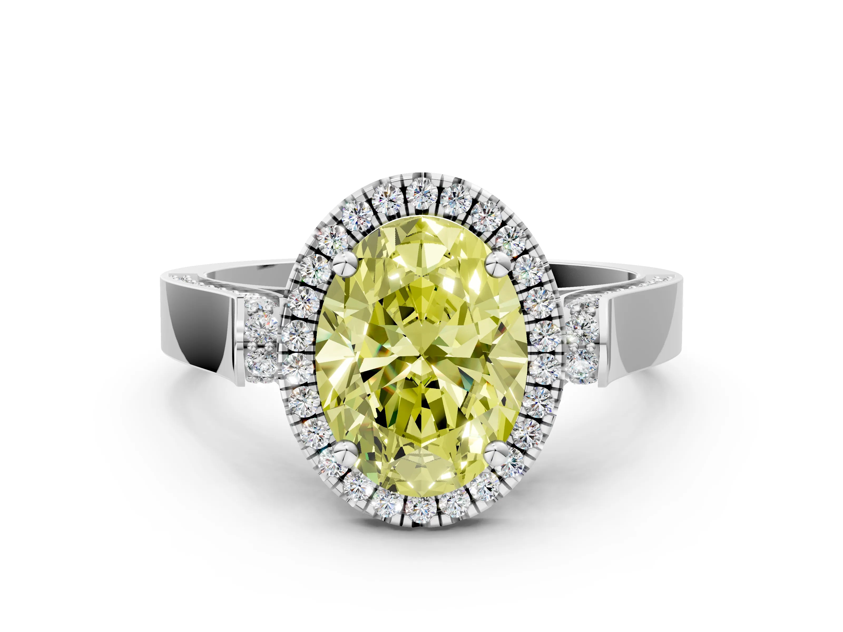 White gold Fancy Yellow Oval Cut Halo Round Diamond Twist Band with Four-Prong Setting_24