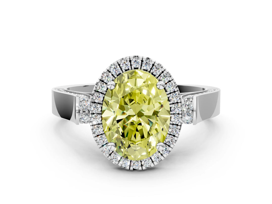 White gold Fancy Yellow Oval Cut Halo Round Diamond Twist Band with Four-Prong Setting_24