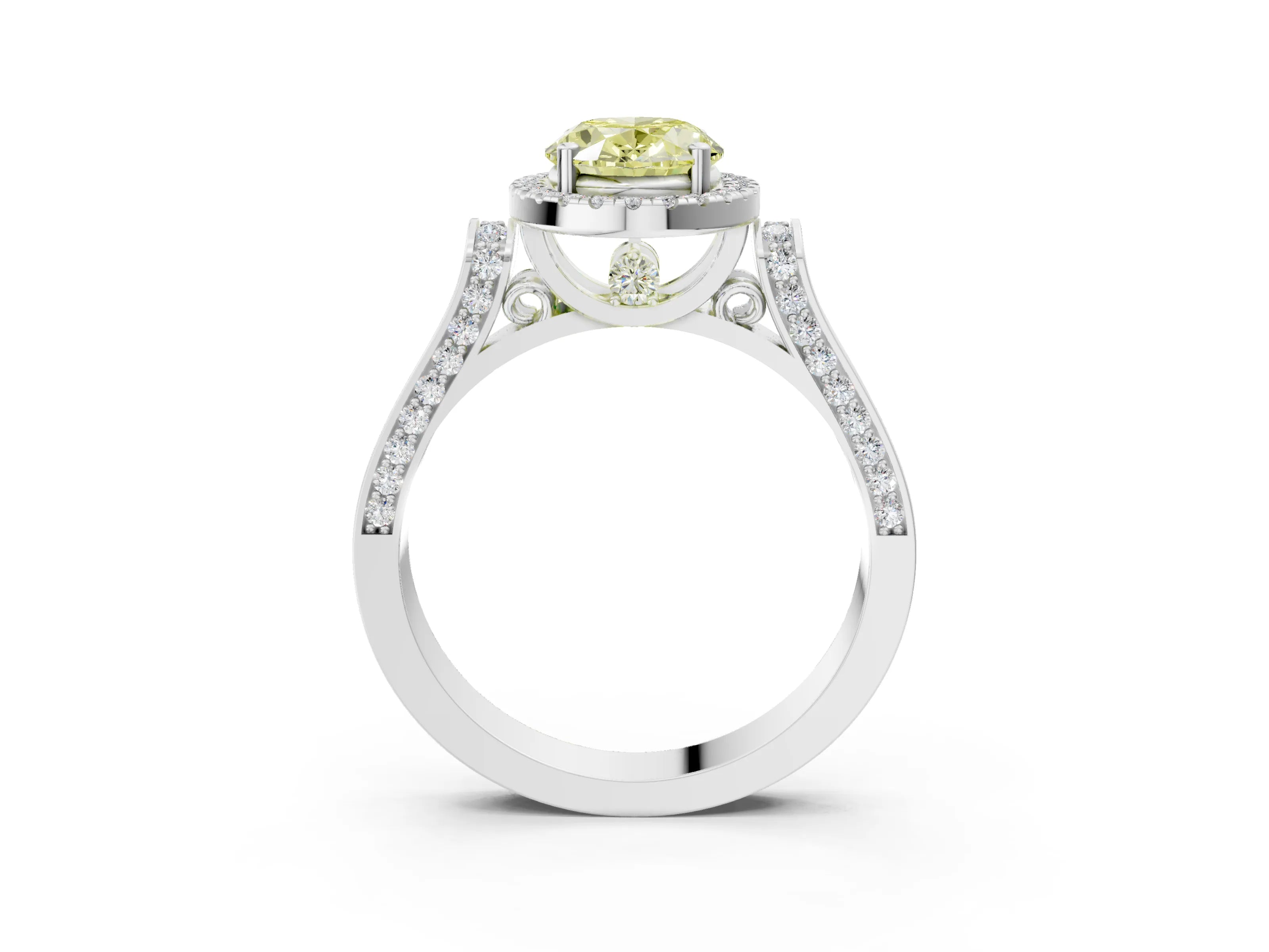 White gold Fancy Yellow Oval Cut Halo Round Diamond Twist Band with Four-Prong Setting_27