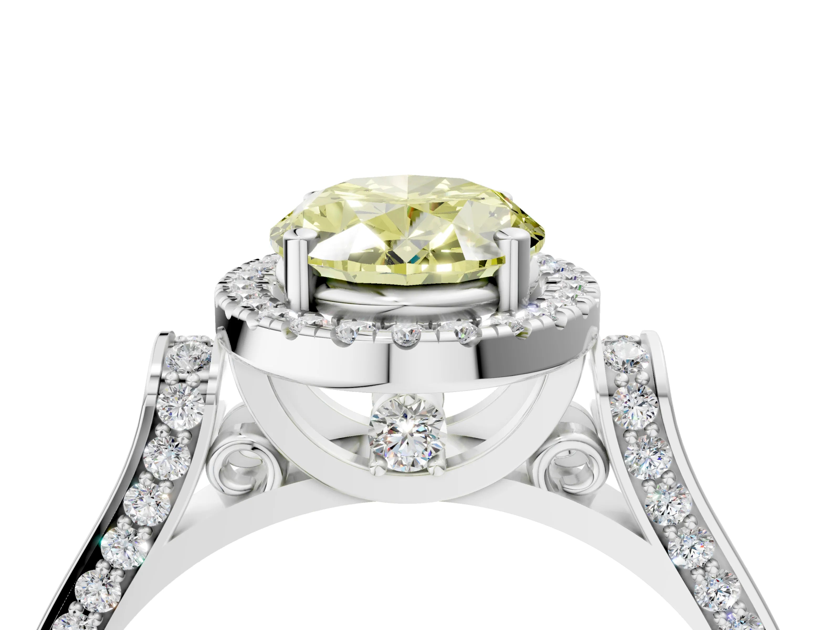 White gold Fancy Yellow Oval Cut Halo Round Diamond Twist Band with Four-Prong Setting_28