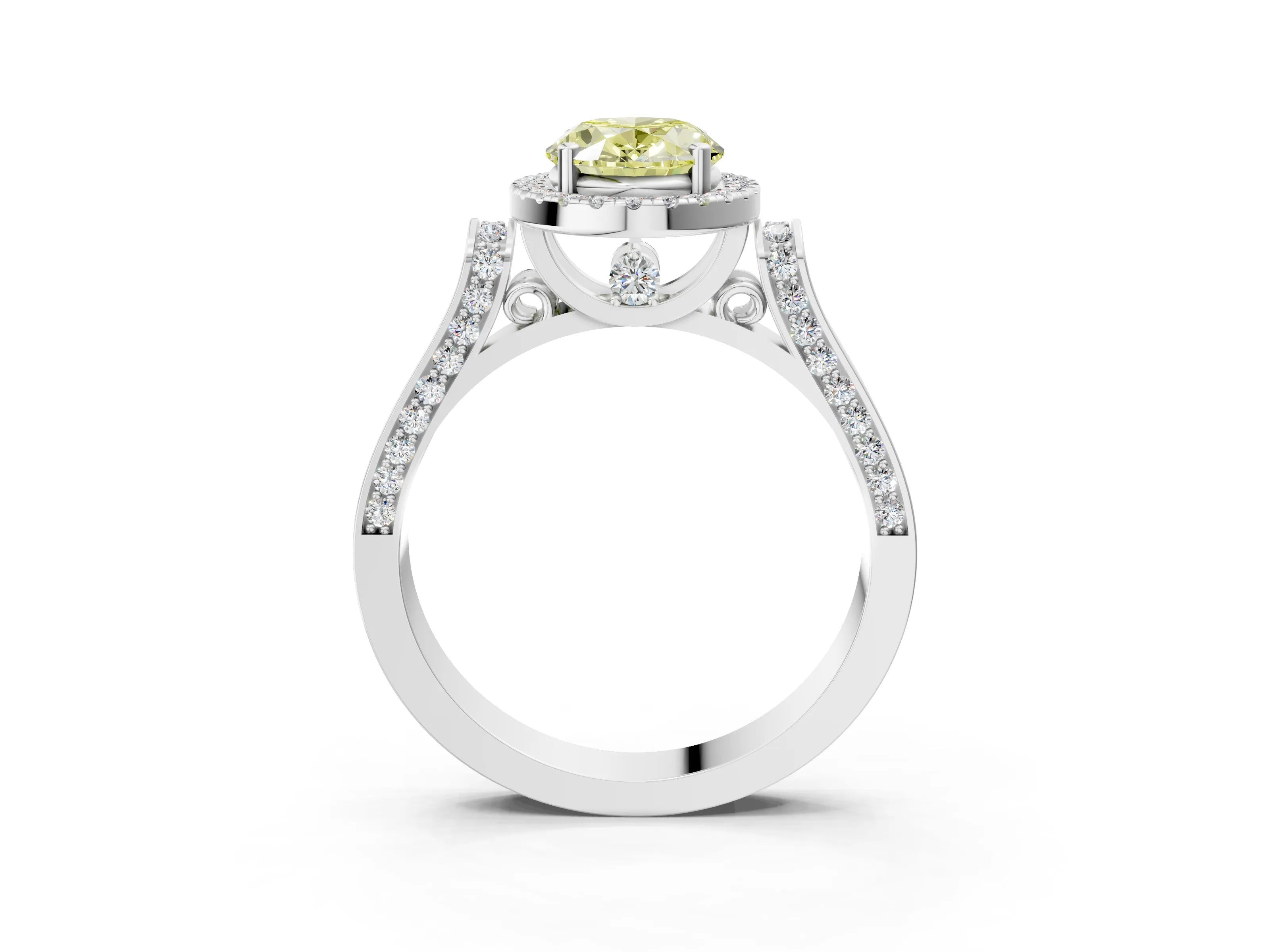 White gold Fancy Yellow Oval Cut Halo Round Diamond Twist Band with Four-Prong Setting_3