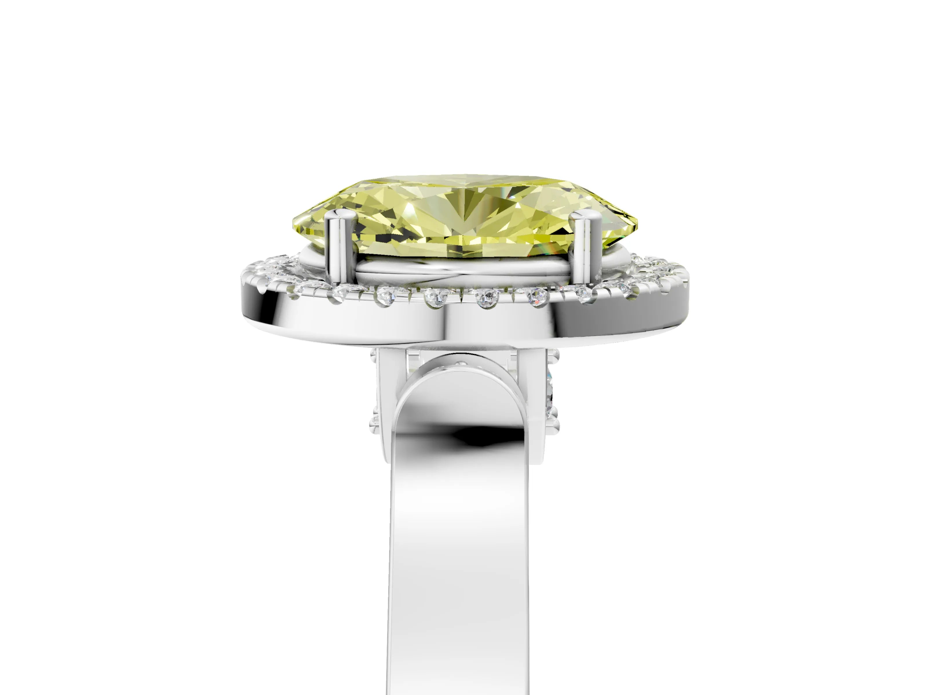 White gold Fancy Yellow Oval Cut Halo Round Diamond Twist Band with Four-Prong Setting_5