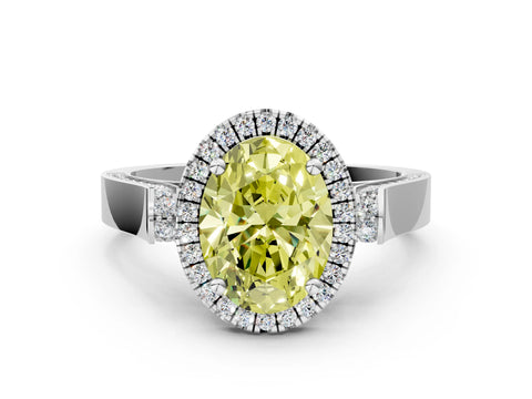 White gold Fancy Yellow Oval Cut Halo Round Diamond Twist Band with Four-Prong Setting