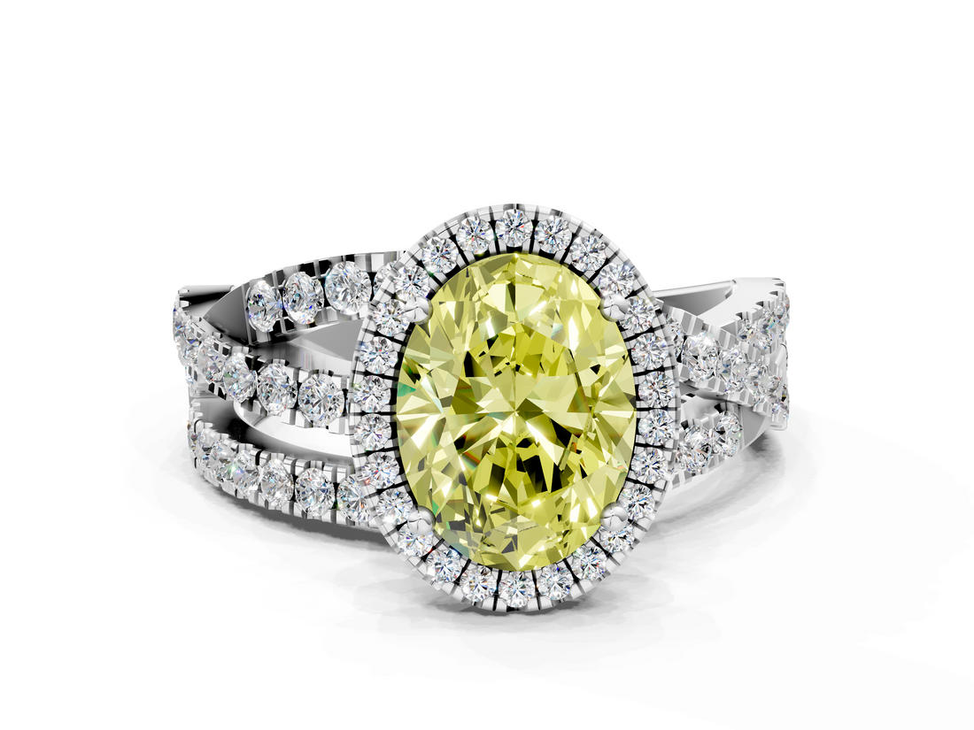 White gold Fancy Yellow Oval  Cut Halo Split Shank Prong Setting Ring_58