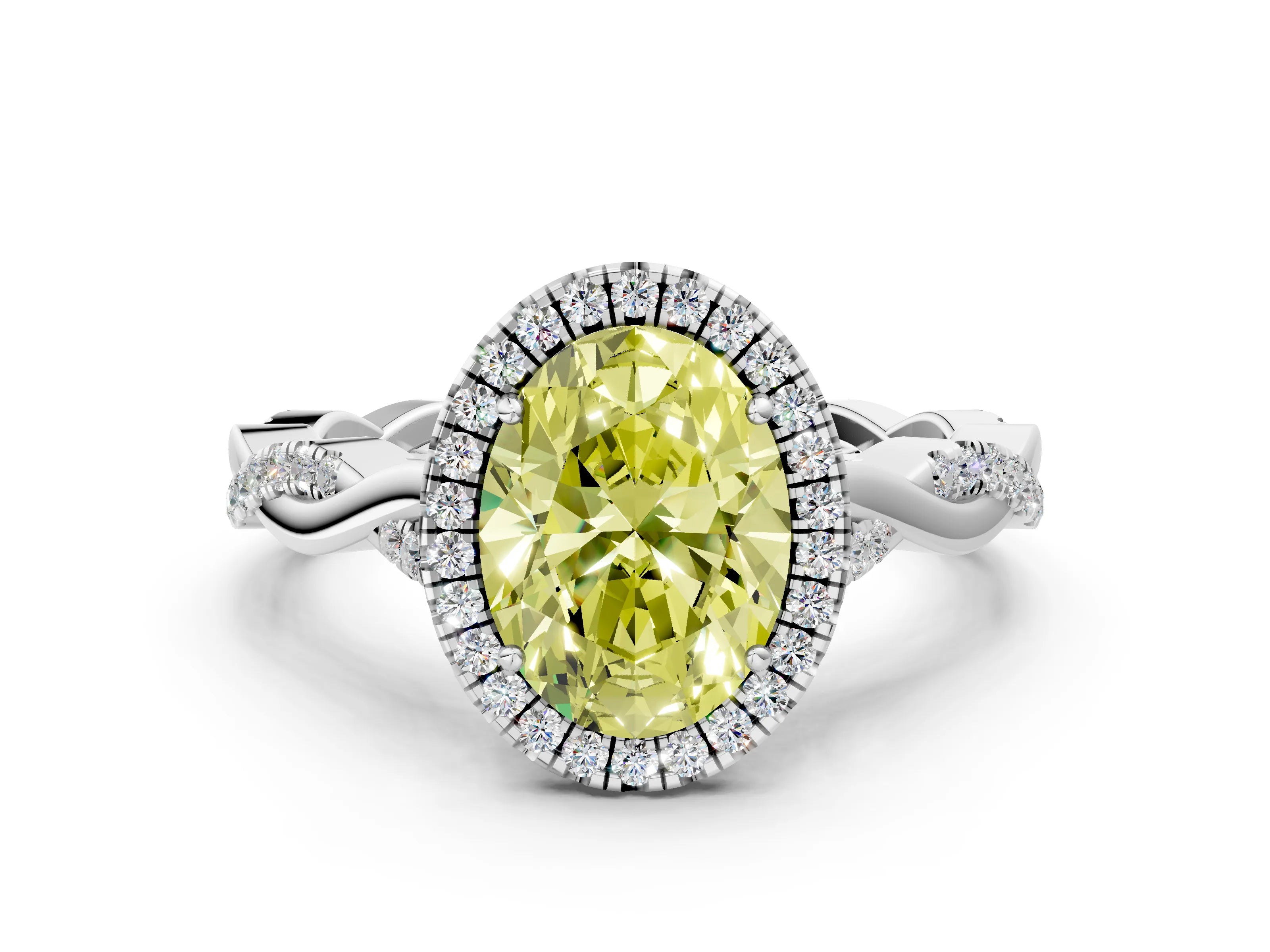 White gold Fancy Yellow Oval Cut Halo Twist Band with Four-Prong Setting