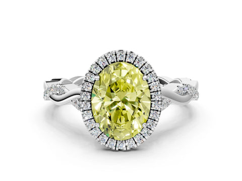 White gold Fancy Yellow Oval Cut Halo Twist Band with Four-Prong Setting