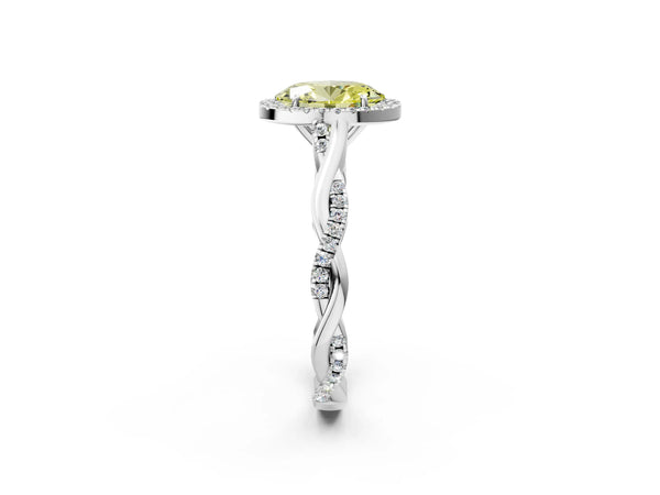Platinum Fancy Yellow Oval Cut Halo Twist Band with Four-Prong Setting