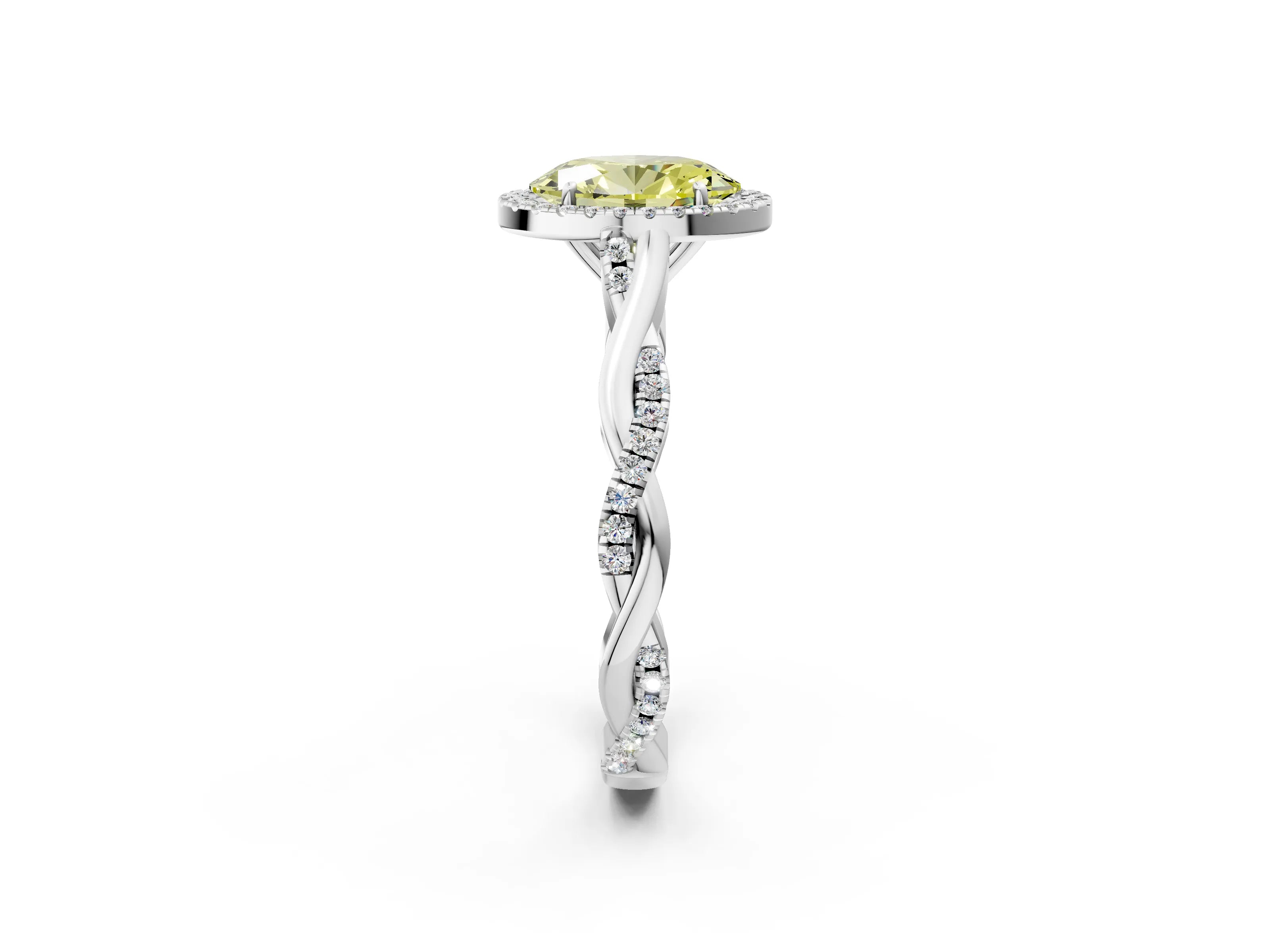 White gold Fancy Yellow Oval Cut Halo Twist Band with Four-Prong Setting_2