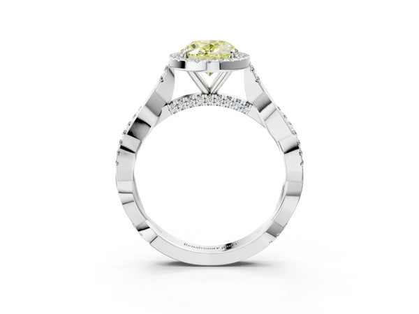 Platinum Fancy Yellow Oval Cut Halo Twist Band with Four-Prong Setting