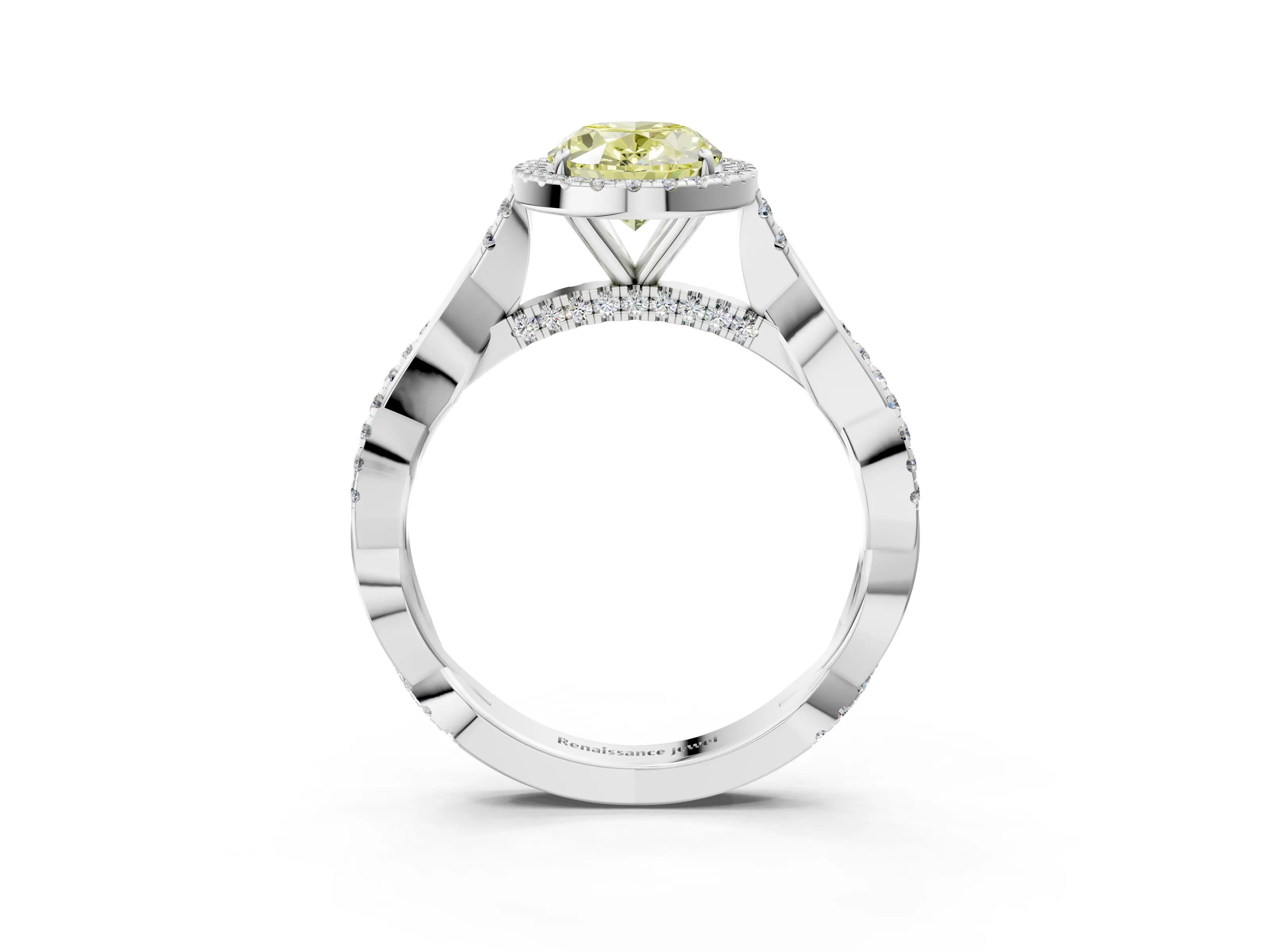 White gold Fancy Yellow Oval Cut Halo Twist Band with Four-Prong Setting_3