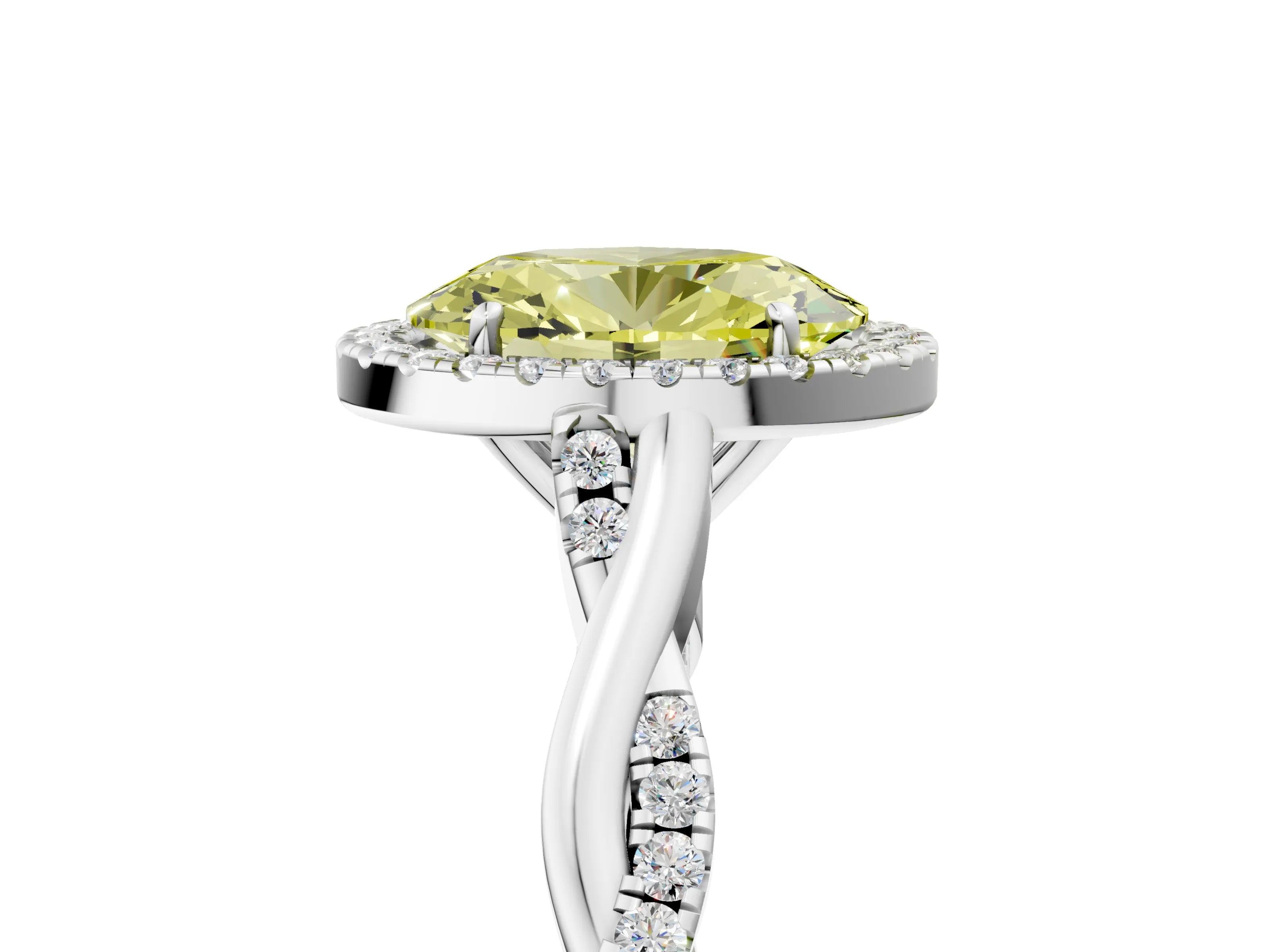 White gold Fancy Yellow Oval Cut Halo Twist Band with Four-Prong Setting_5
