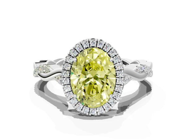 Platinum Fancy Yellow Oval Cut Halo Twist Band with Four-Prong Setting