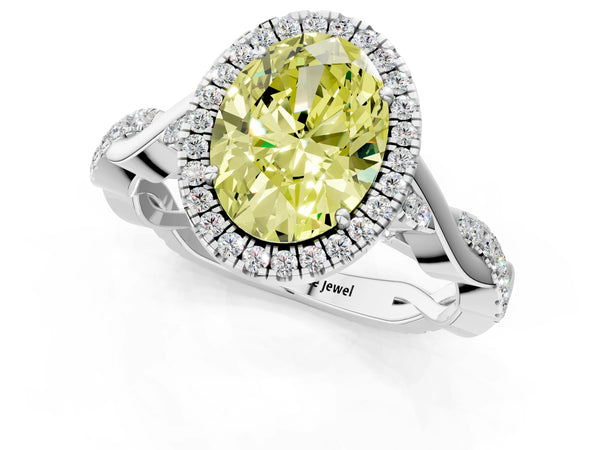 Platinum Fancy Yellow Oval Cut Halo Twist Band with Four-Prong Setting