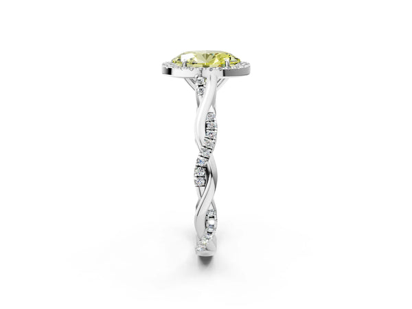 Platinum Fancy Yellow Oval Cut Halo Twist Band with Four-Prong Setting