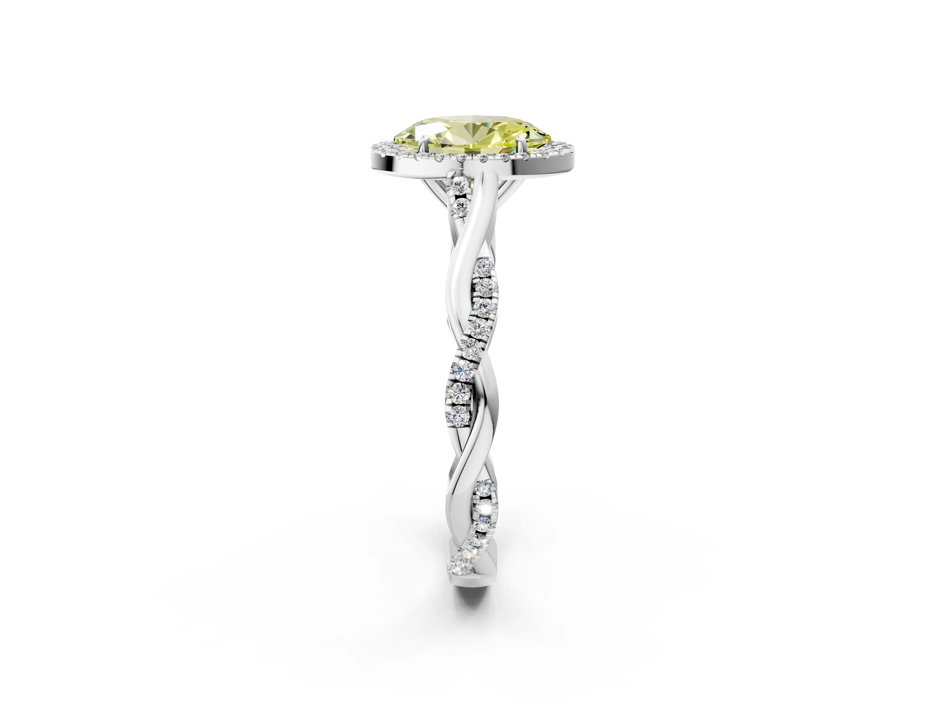 White gold Fancy Yellow Oval Cut Halo Twist Band with Four-Prong Setting_74