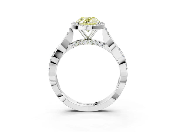 Platinum Fancy Yellow Oval Cut Halo Twist Band with Four-Prong Setting
