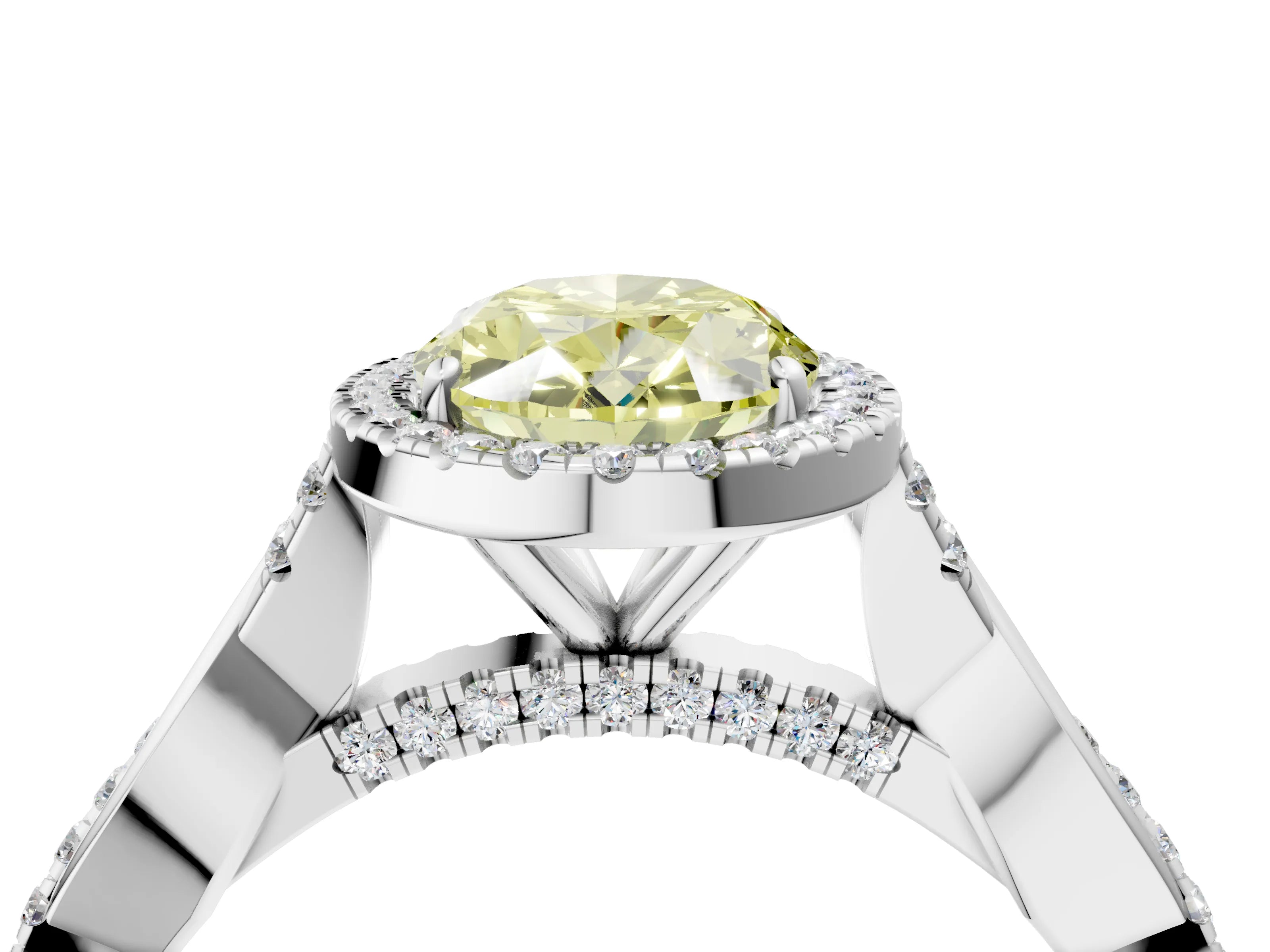 White gold Fancy Yellow Oval Cut Halo Twist Band with Four-Prong Setting_76