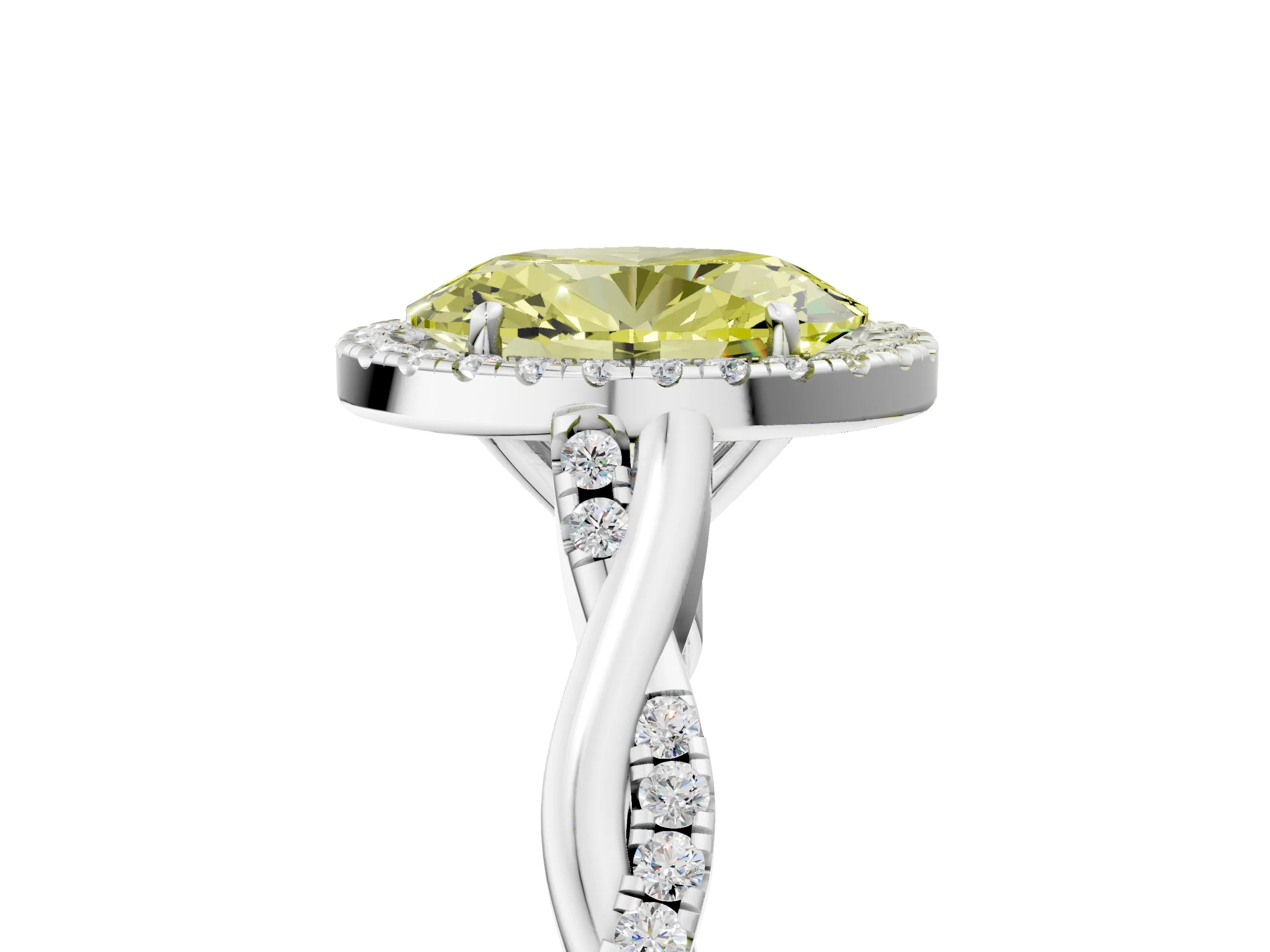 White gold Fancy Yellow Oval Cut Halo Twist Band with Four-Prong Setting_77