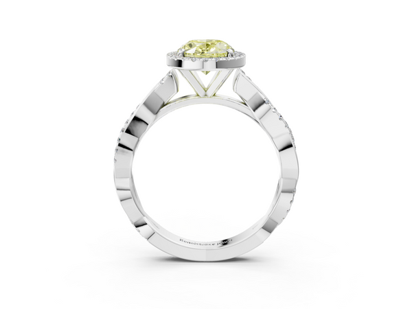 White gold Fancy Yellow Oval  Cut Halo Twisted Band Four-Prong Ring