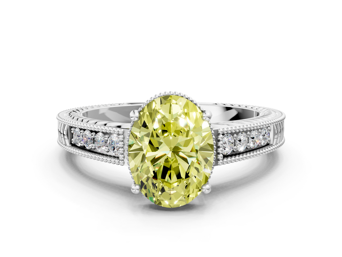 White gold Fancy Yellow Oval  Cut Milgrain Channel Set Engagement Ring with Solitaire Prong Setting_62
