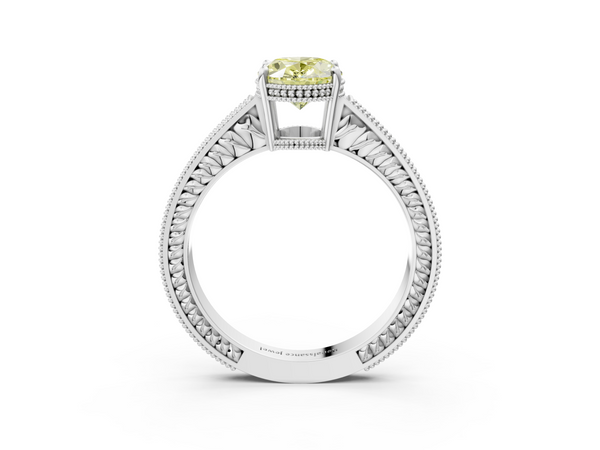 White gold Fancy Yellow Oval Cut Diamond Engagement Ring with Milgrain Channel Set Band and Prong Setting