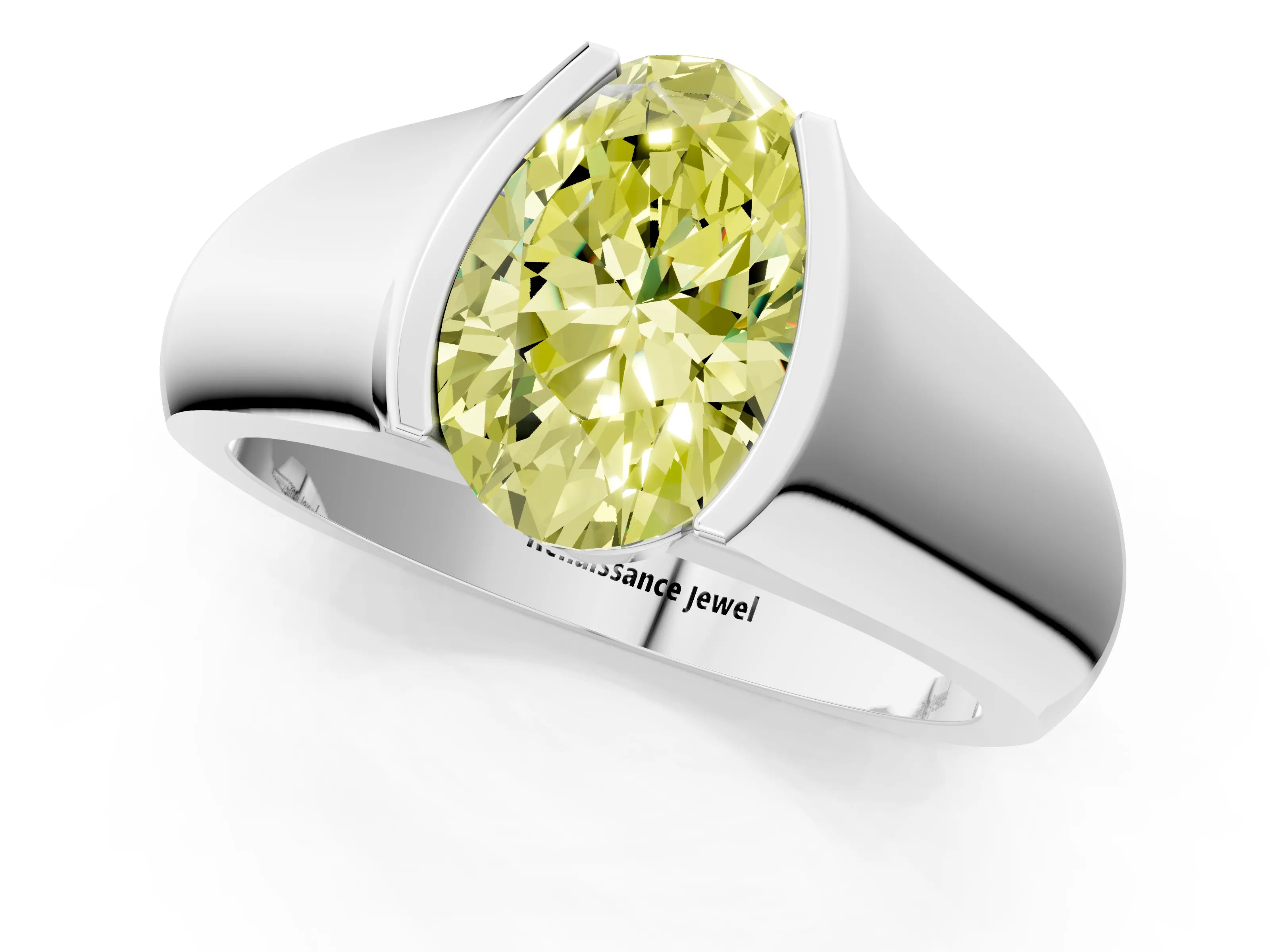 White gold Fancy Yellow Oval Cut Solitaire Bezel Set Diamond Ring with Wide Band_1