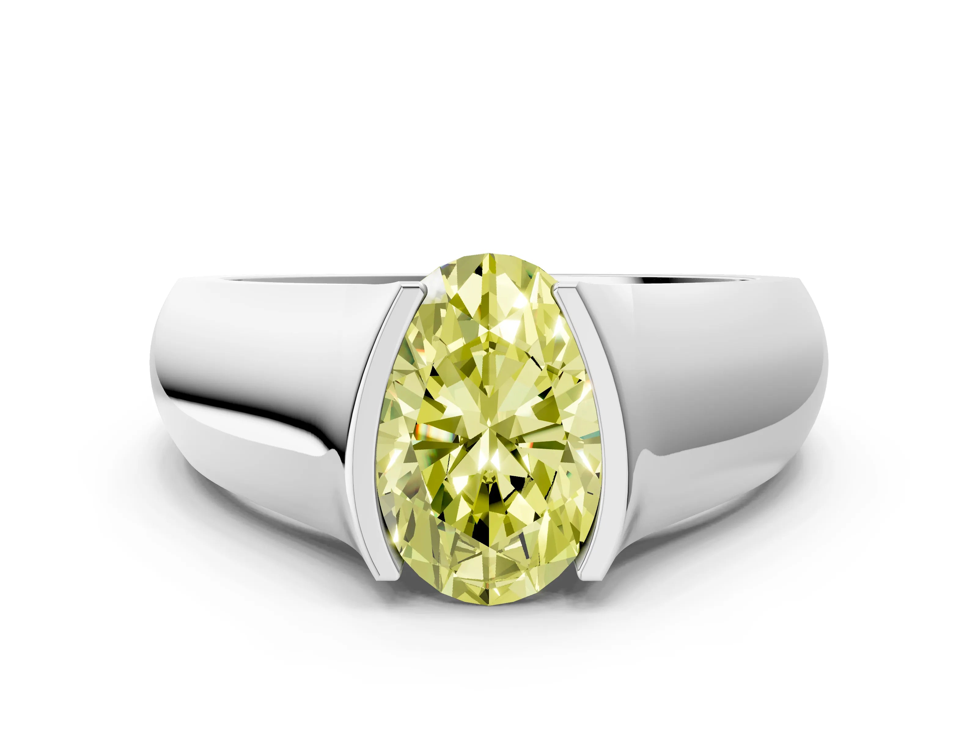 White gold Fancy Yellow Oval Cut Solitaire Bezel Set Diamond Ring with Wide Band_12