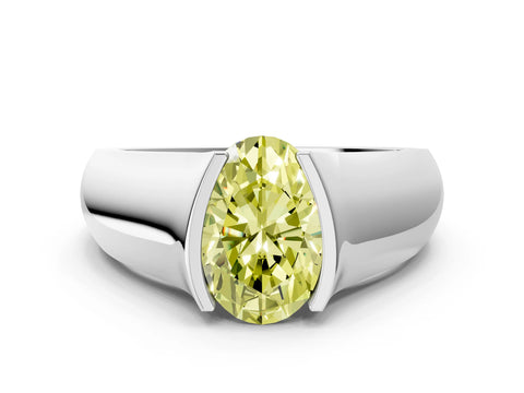 White gold Fancy Yellow Oval Cut Solitaire Bezel Set Diamond Ring with Wide Band_12