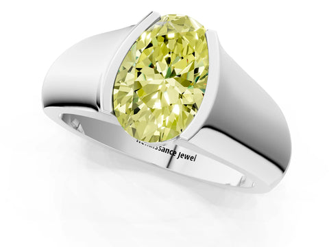 White gold Fancy Yellow Oval Cut Solitaire Bezel Set Diamond Ring with Wide Band_13
