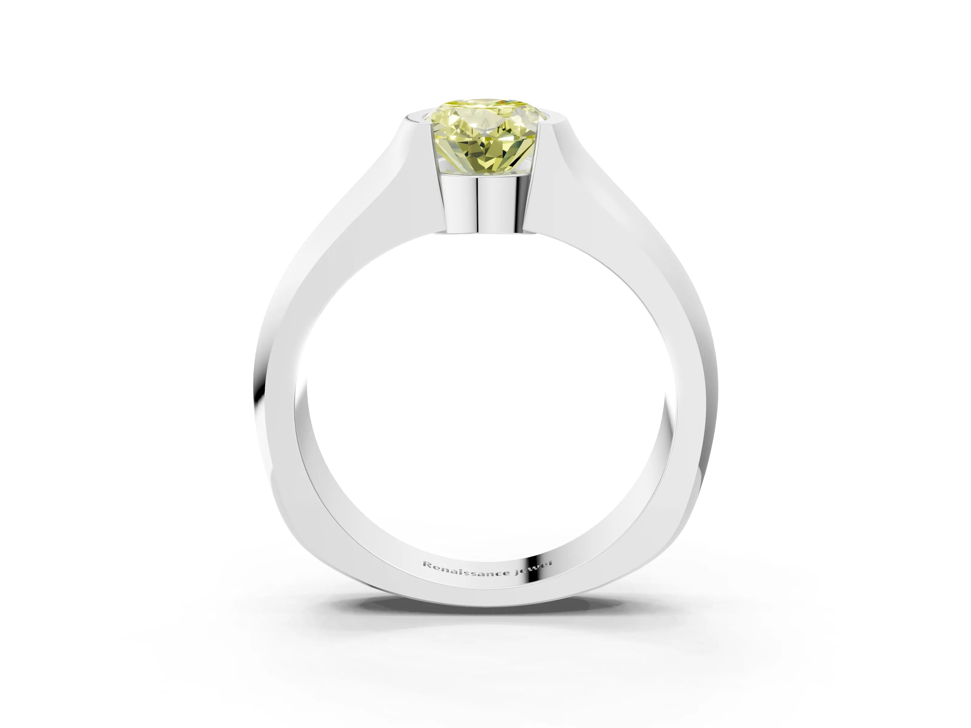 White gold Fancy Yellow Oval Cut Solitaire Bezel Set Diamond Ring with Wide Band_15