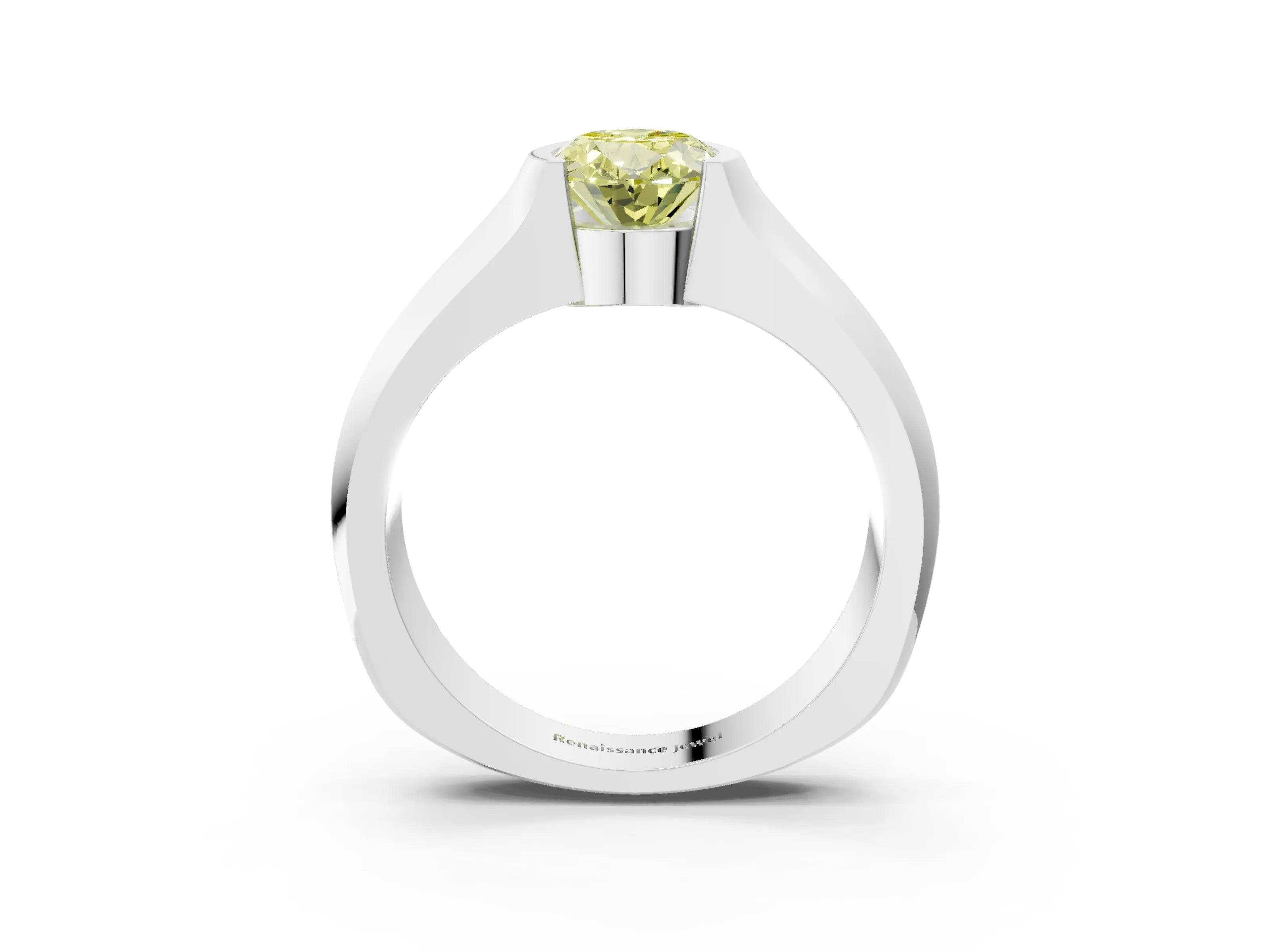 White gold Fancy Yellow Oval Cut Solitaire Bezel Set Diamond Ring with Wide Band_3