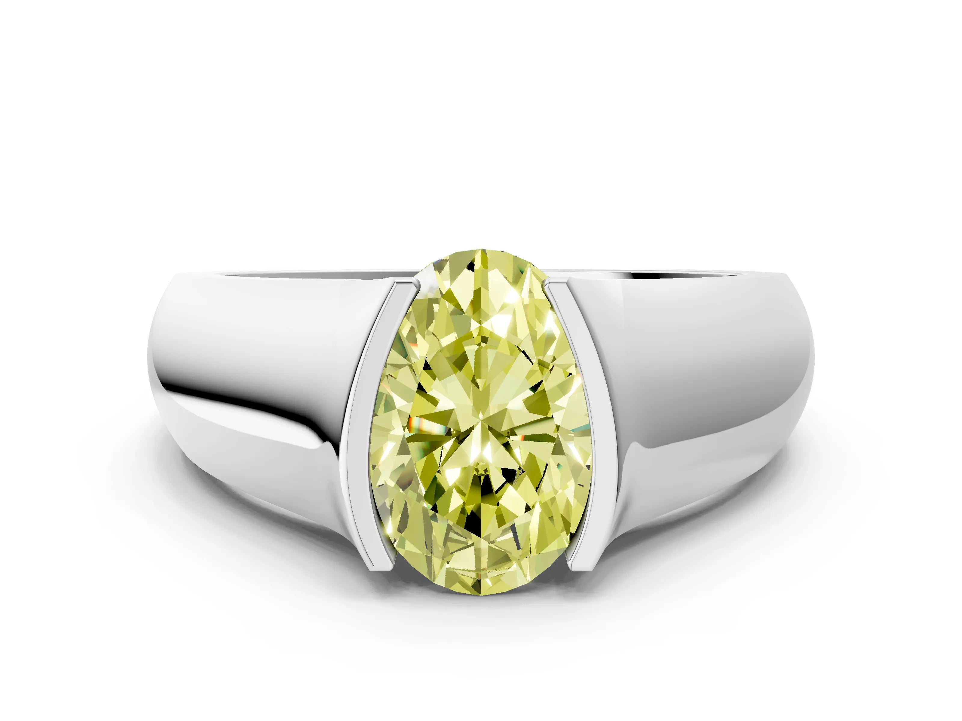 White gold Fancy Yellow Oval Cut Solitaire Bezel Set Diamond Ring with Wide Band