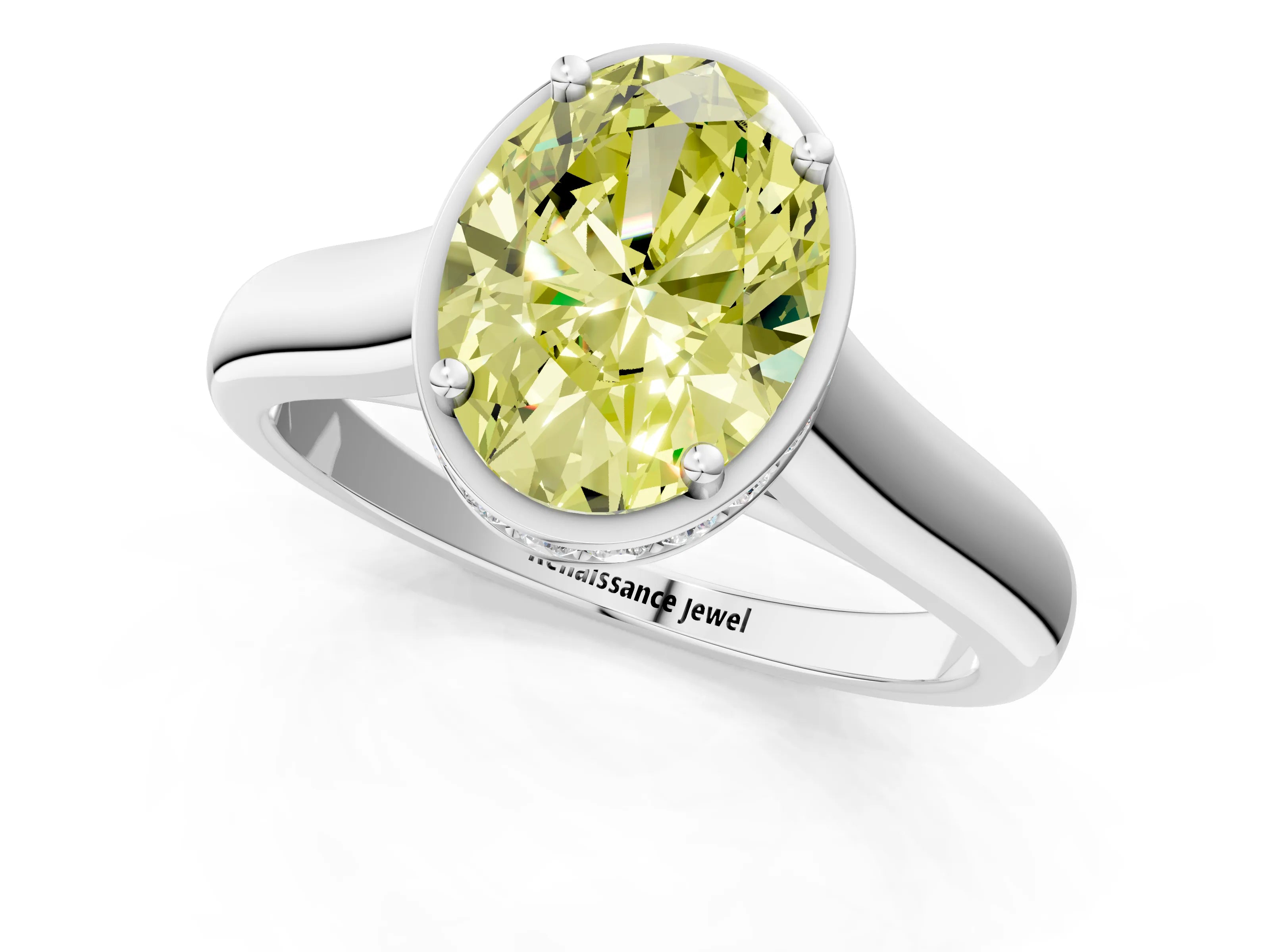 White gold Fancy Yellow Oval Cut Solitaire Diamond Engagement Ring with Four-Prong Setting and Tapered Band_13
