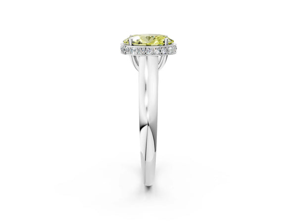 Platinum Fancy Yellow Oval Cut Solitaire Diamond Engagement Ring with Four-Prong Setting and Tapered Band