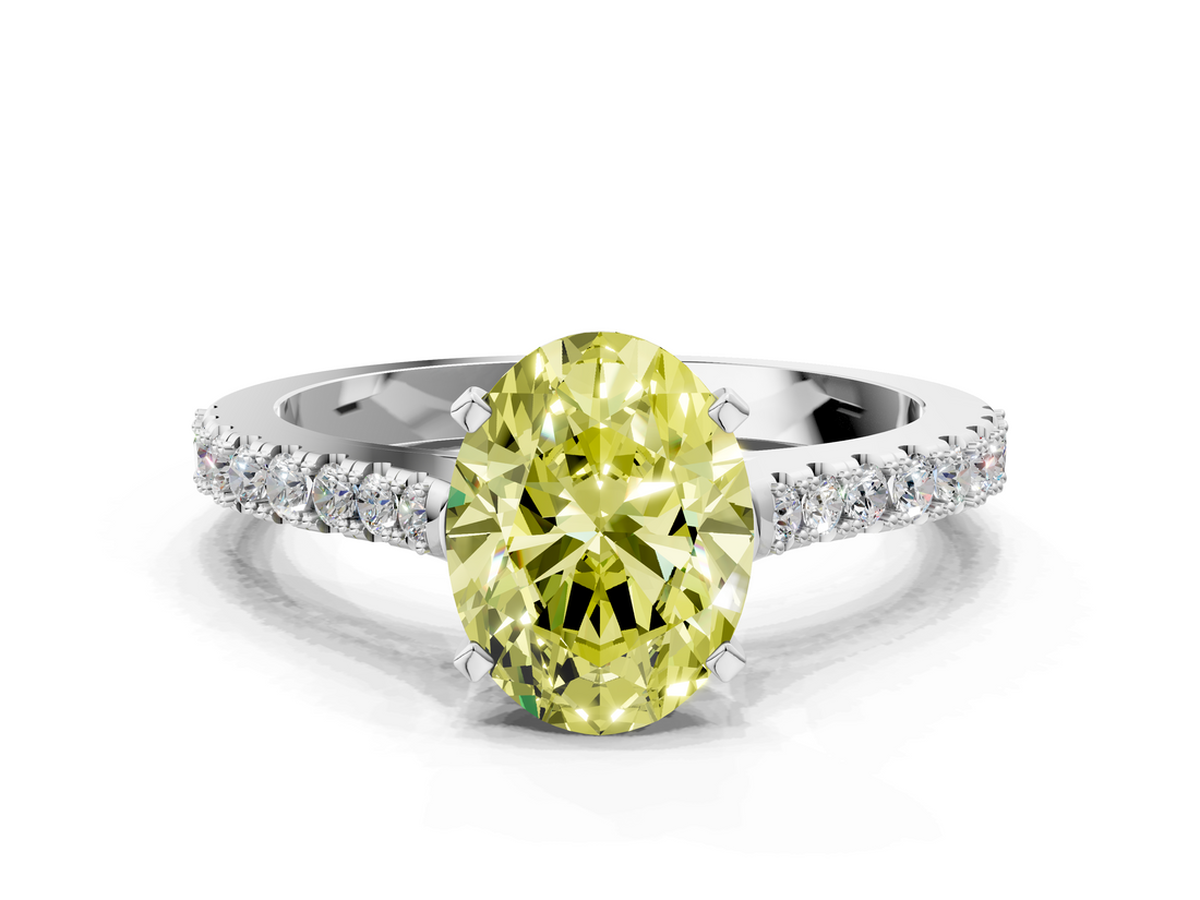 White gold Fancy Yellow Oval  Cut Solitaire Diamond Engagement Ring with Pave Band and Four-Prong Setting_170