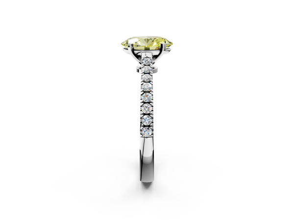Platinum Fancy Yellow Oval  Cut Solitaire Diamond Engagement Ring with Pave Band and Four-Prong Setting