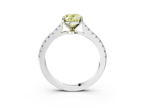 Platinum Fancy Yellow Oval  Cut Solitaire Diamond Engagement Ring with Pave Band and Four-Prong Setting