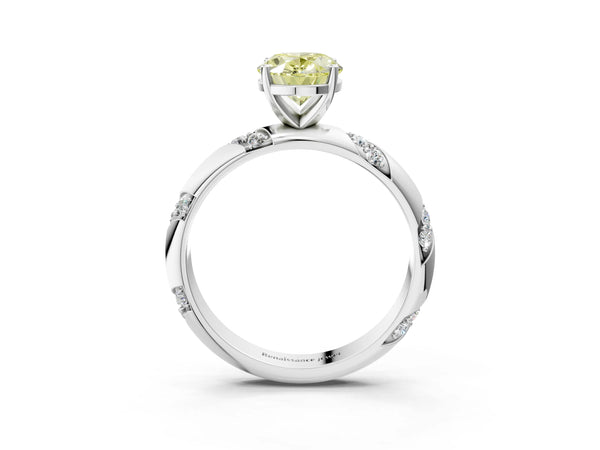 White gold Fancy Yellow Oval Cut Solitaire Diamond Engagement Ring with Twisted Pave Band and Four-Prong Setting