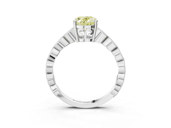 White gold Fancy Yellow Oval Cut Solitaire Diamond Ring with Infinity Twist Band and Four-Prong Setting