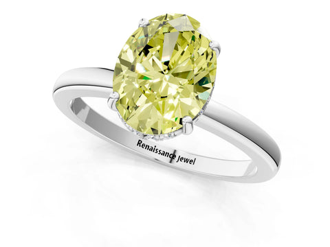White gold Fancy Yellow Oval Cut Solitaire Diamond Ring with Prong Setting and Plain Band_1