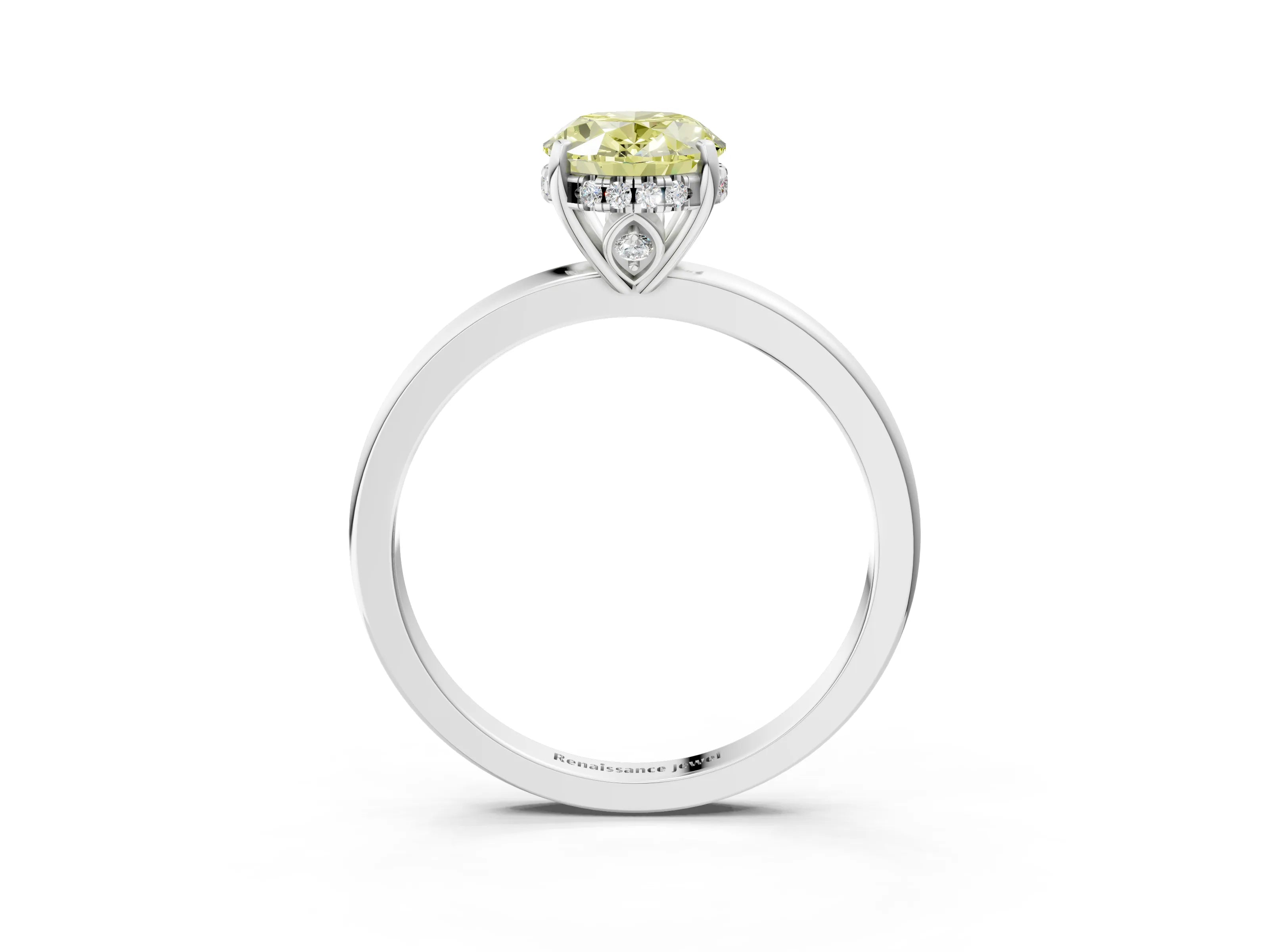 White gold Fancy Yellow Oval Cut Solitaire Diamond Ring with Prong Setting and Plain Band_3