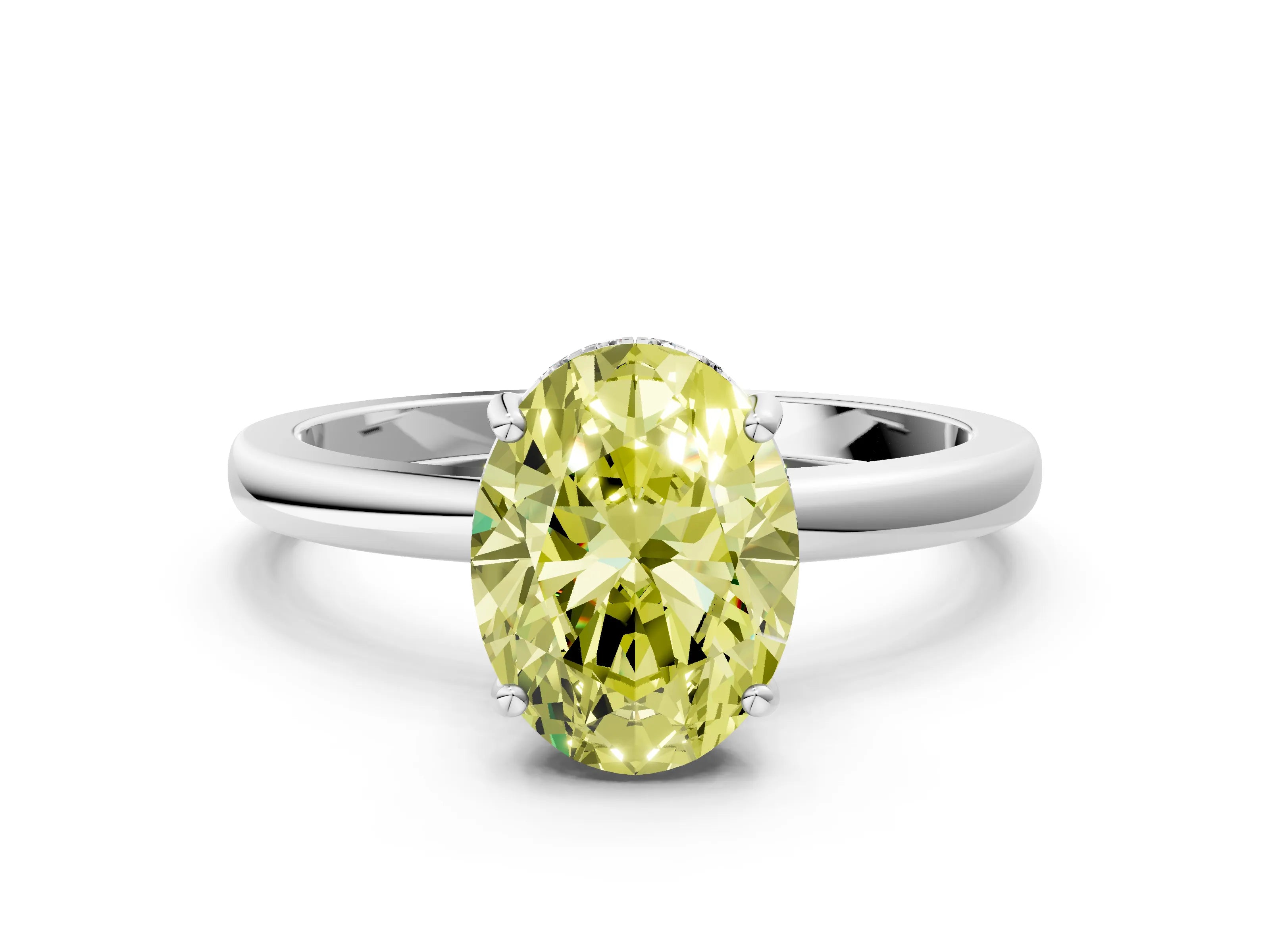 White gold Fancy Yellow Oval Cut Solitaire Diamond Ring with Prong Setting and Plain Band