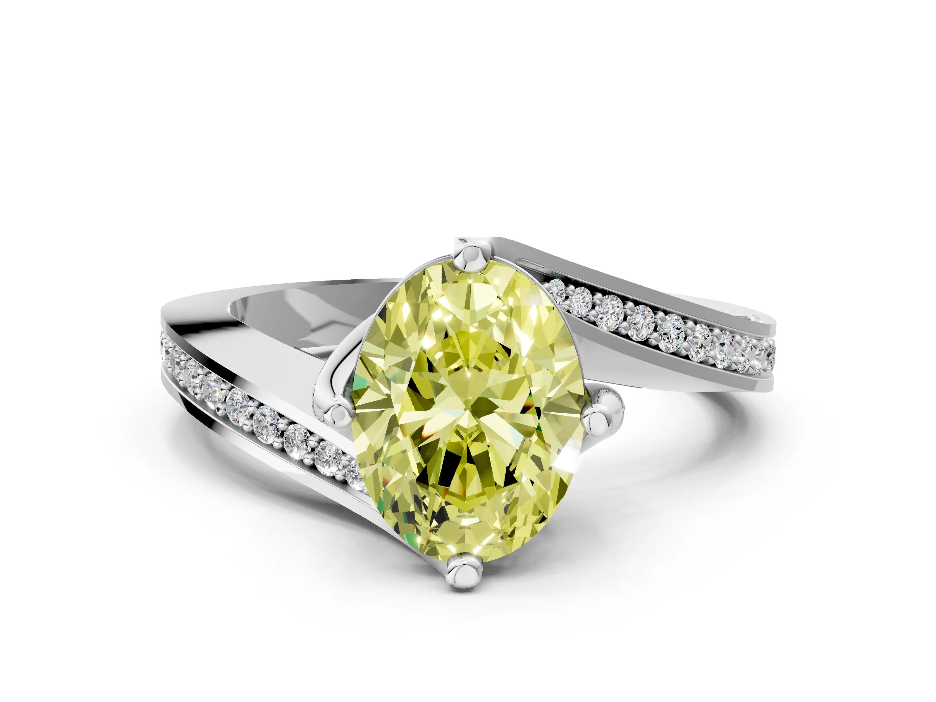 White gold Fancy Yellow Oval Cut Solitaire Diamond Twist Band with Pavé Setting and Four-Prong Setting_12