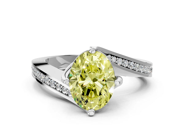 White gold Fancy Yellow Oval Cut Solitaire Diamond Twist Band with Pavé Setting and Four-Prong Setting