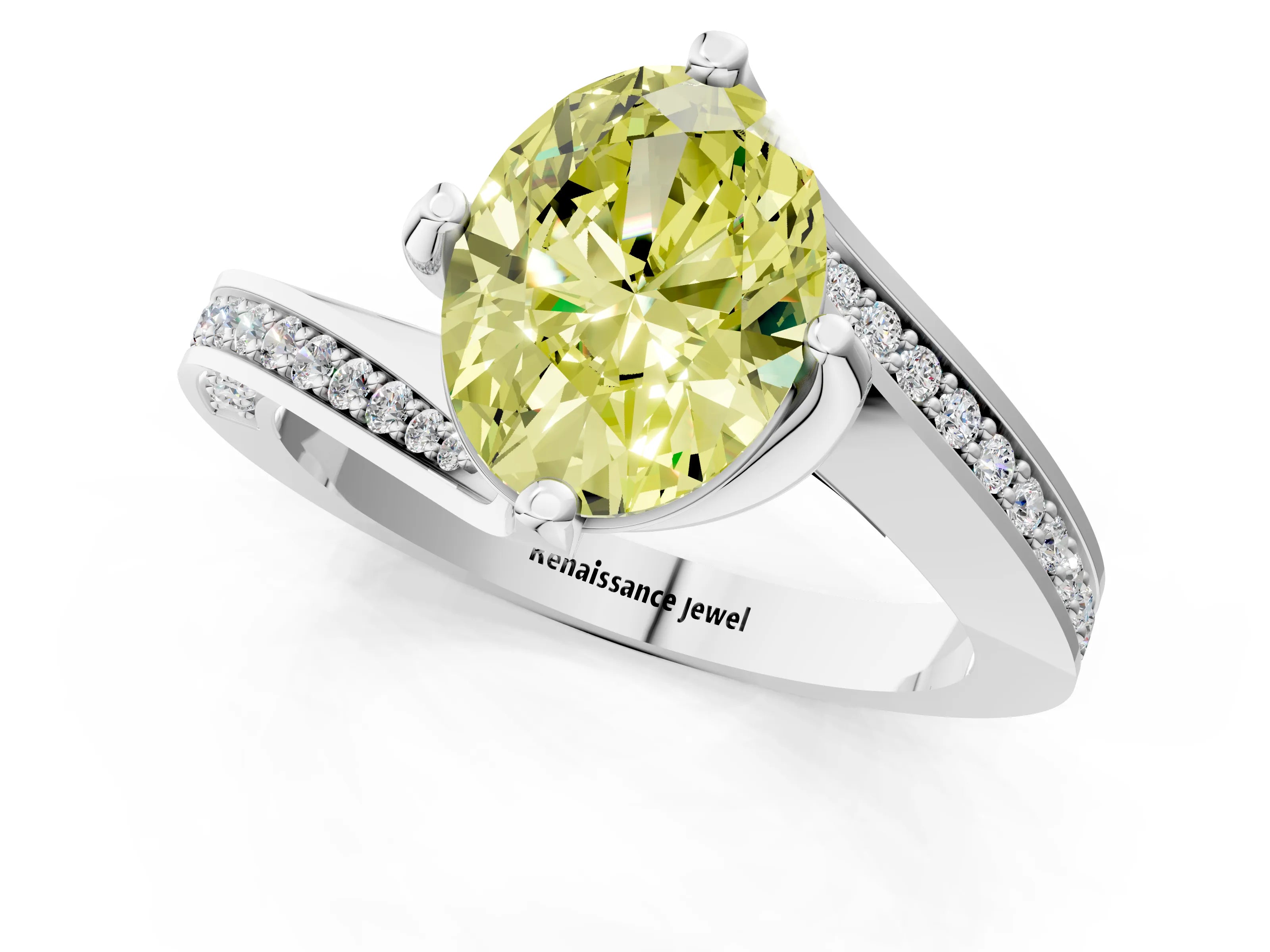 White gold Fancy Yellow Oval Cut Solitaire Diamond Twist Band with Pavé Setting and Four-Prong Setting_13