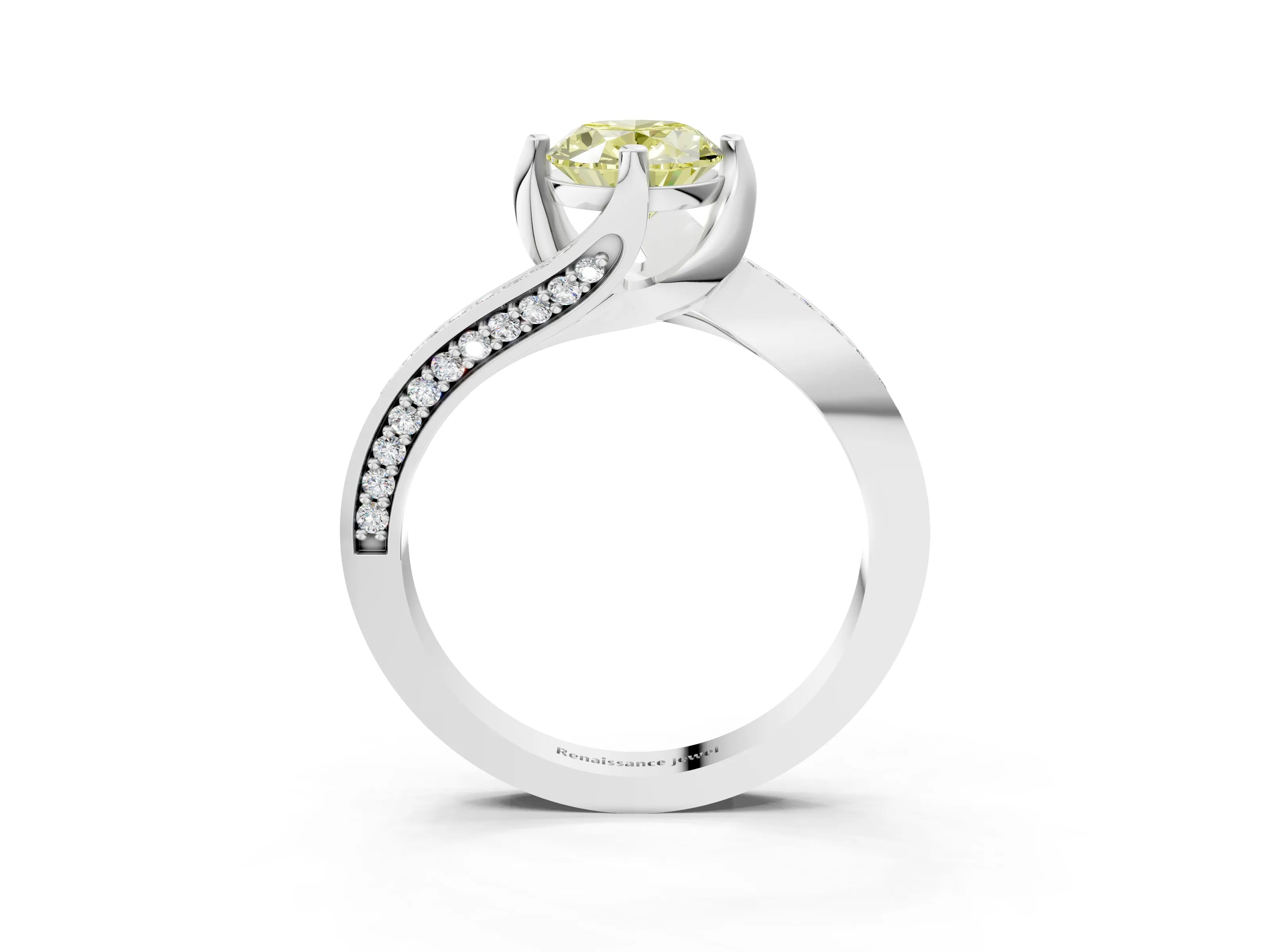 White gold Fancy Yellow Oval Cut Solitaire Diamond Twist Band with Pavé Setting and Four-Prong Setting_15