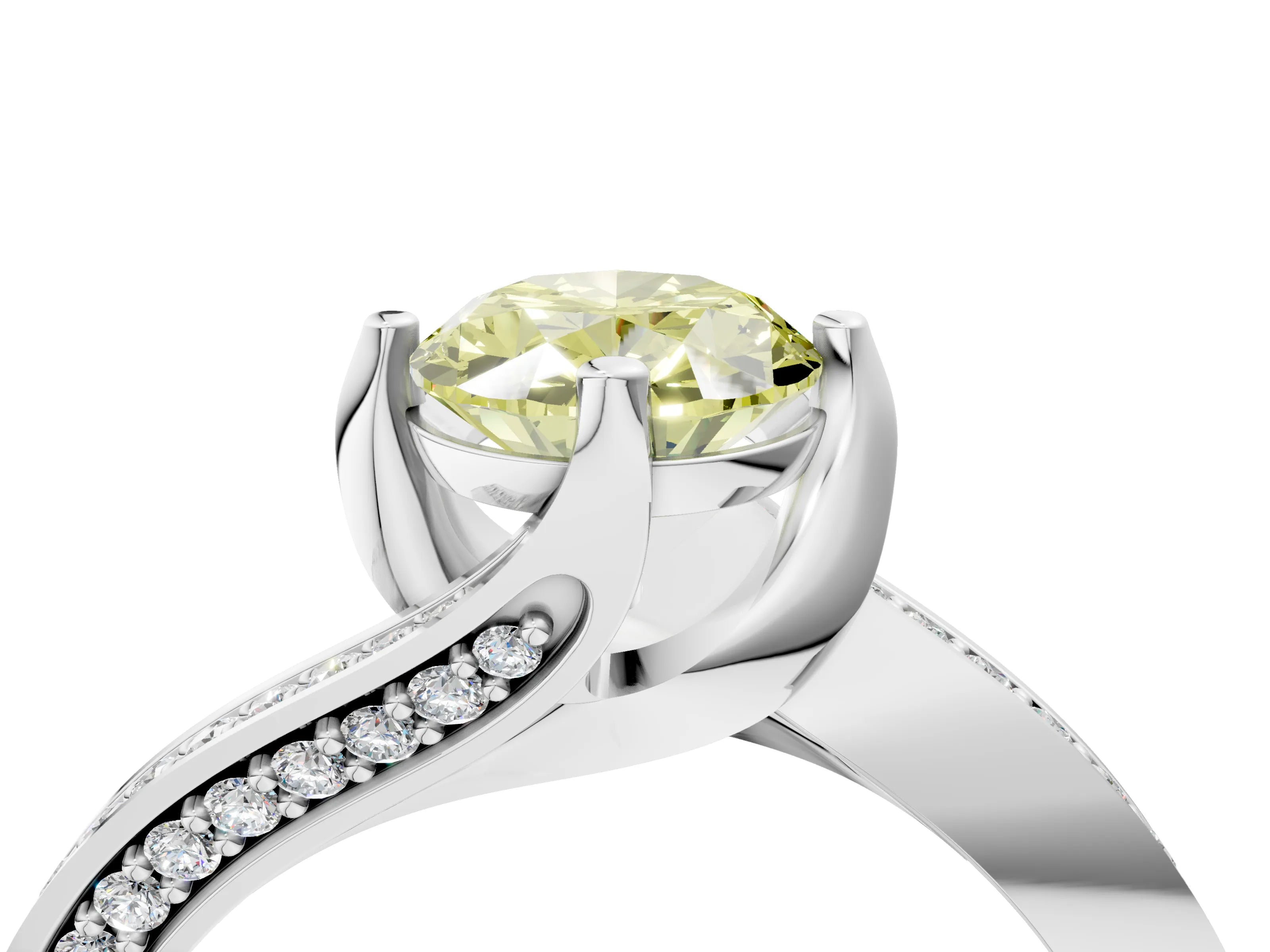 White gold Fancy Yellow Oval Cut Solitaire Diamond Twist Band with Pavé Setting and Four-Prong Setting_16