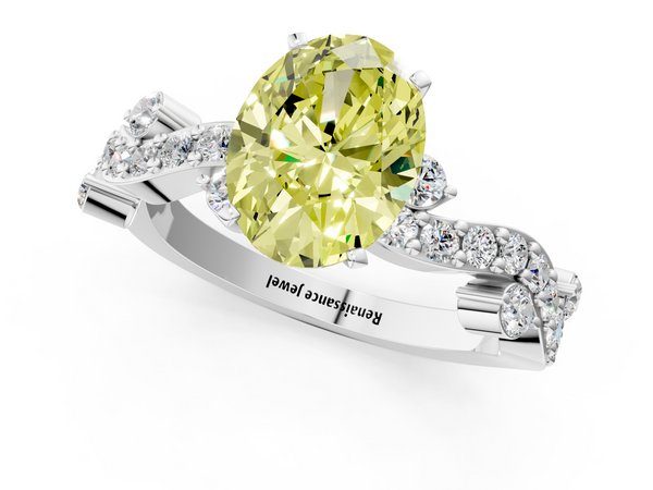 White gold Fancy Yellow Oval  Cut Solitaire Diamond Twisted Band with Pave Setting