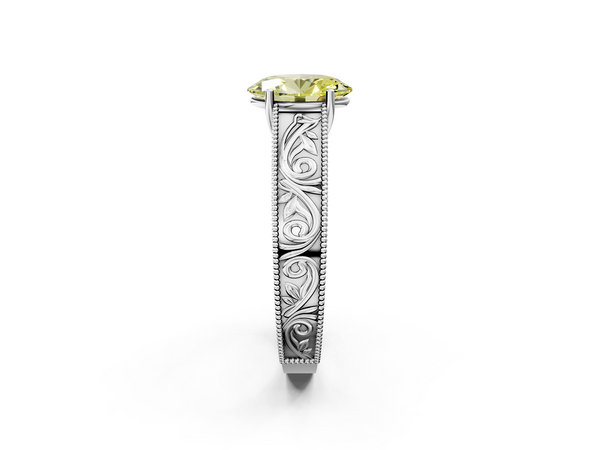 Platinum Oval Vintage Engraved Solitaire Engagement Ring Setting for Fancy Yellow Center