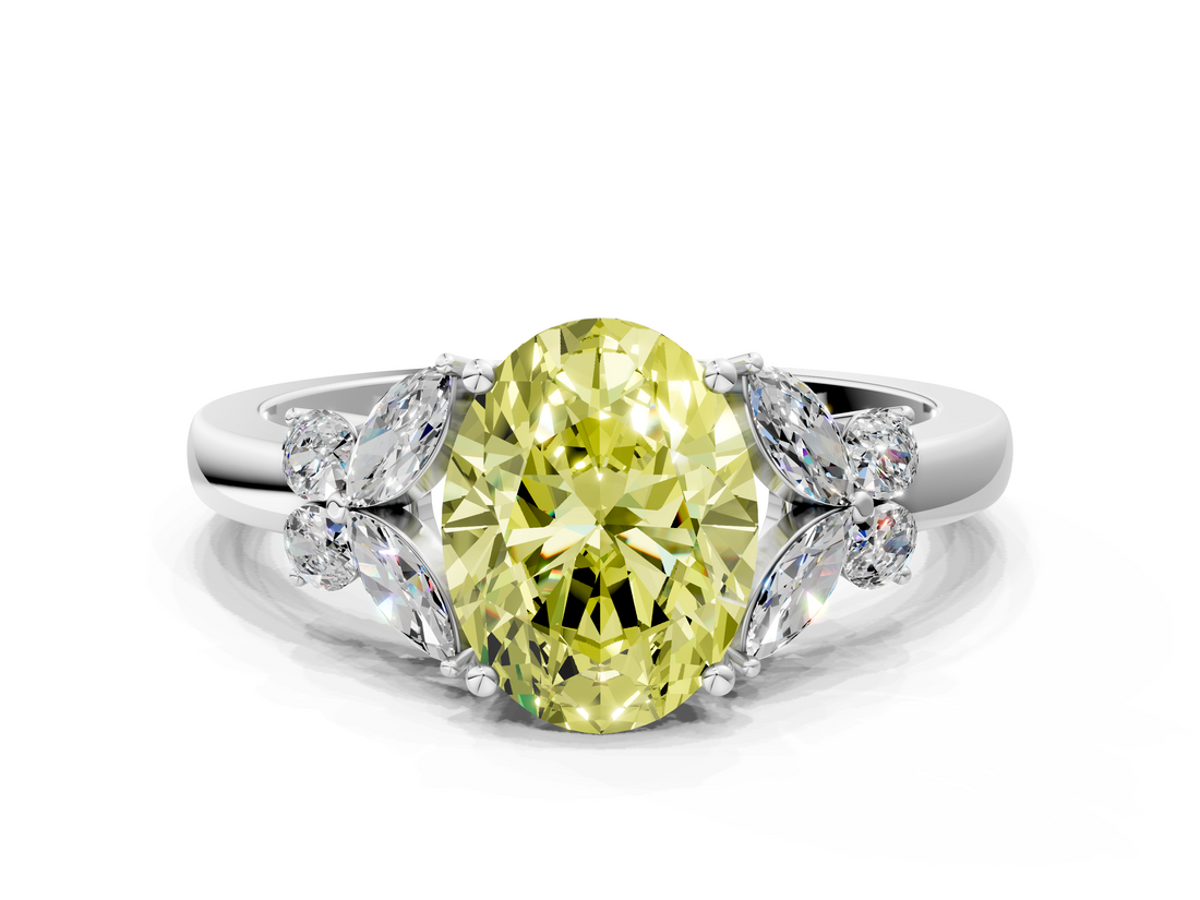 White gold Fancy Yellow Oval  Cut Solitaire Floral Diamond Ring with Four-Prong Setting_64